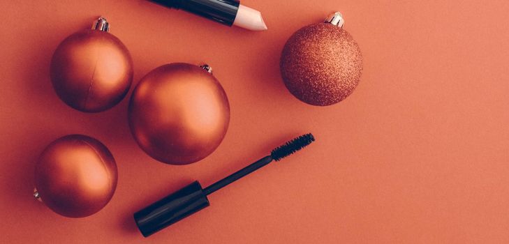 Cosmetic branding, fashion blog cover and girly glamour concept - Make-up and cosmetics product set for beauty brand Christmas sale promotion, vintage orange flatlay background as holiday design