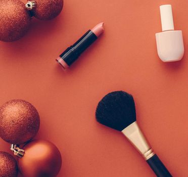 Cosmetic branding, fashion blog cover and girly glamour concept - Make-up and cosmetics product set for beauty brand Christmas sale promotion, vintage orange flatlay background as holiday design