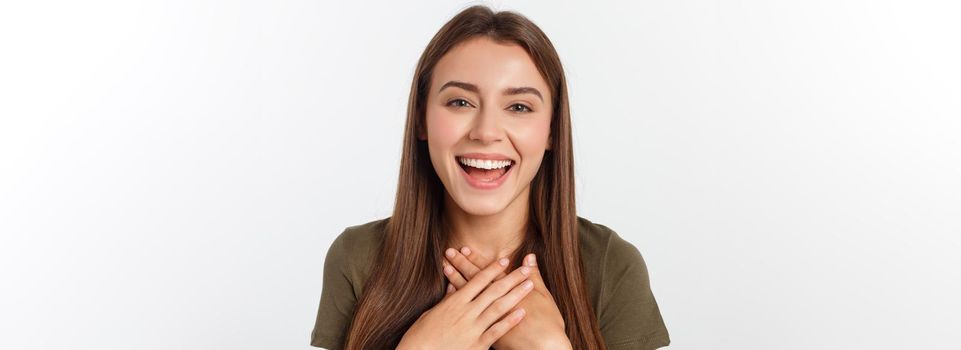 Portrait joyful outgoing woman likes laugh out loud not hiding emotions giggling chuckling facepalm close eyes smiling broadly white background.