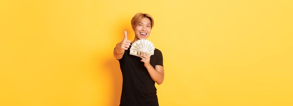 Portrait of handsome confident smiling asian guy showing thumbs-up and holding money, guarantee something, standing yellow background.