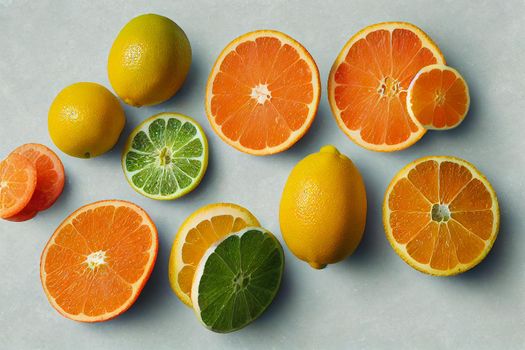 Limes, oranges and lemons on light grey background. Whole and sliced fruit. Food background. Healthy eating and diet.