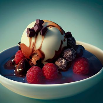 Photorealistic 3d illustration ice cream in a blue bowl, with raspberries and melted caramel.