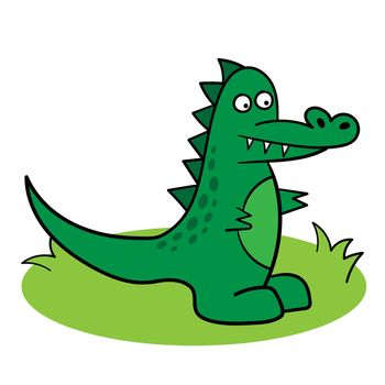 Cartoon green crocodile on green grass. Drawing on a white background. Simple children style