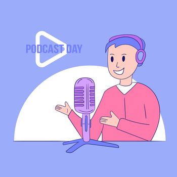 Happy podcaster man character talking with the audience. Professional podcaster on the air. Vector illustration for banner. International Podcast Day