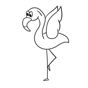 Simple flamingo, outline vector. Vector illustration of cartoon flamingo. The cute flamingo has raised its wings and stands on one leg.