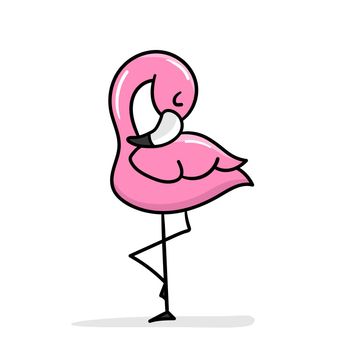 Cute cartoon flamingo standing on one leg. A funny pink flamingo sleeping and relaxing. Vector clip art illustration. Hand-drawn simple style.