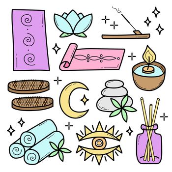 Vector set of spa and yoga icons. Sketch or doodle style on white. Colored elements for the design of the application, website, flyers