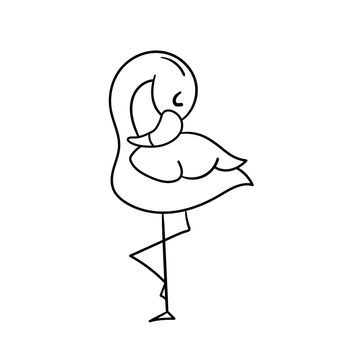 Cute cartoon flamingo standing on one leg. A funny flamingo sleeping and relaxing. Vector illustration. Hand-drawn simple style for coloring book