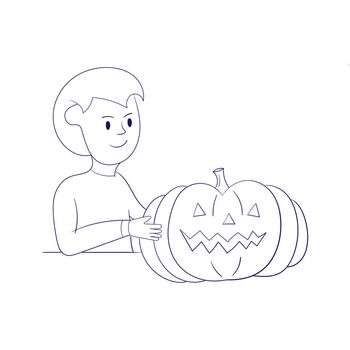 Boy with Halloween pumpkin. Modern style vector on white background. Coloring book for children. Thin line art