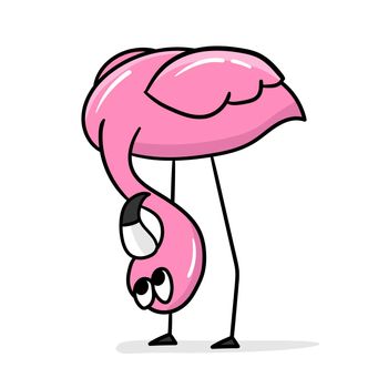 Cute cartoon flamingo with upside down head. Hand drawn style. Element for childrens design. One of the set