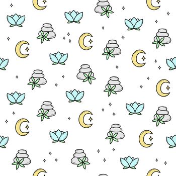 Spa and zen pattern with stones, lotus and moon in white. Vector seamless illustration. Spa, yoga, massage, health, cosmetology concept