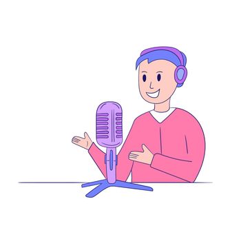 Happy podcaster man character talking with the audience. Professional podcaster on the air. Isolated vector flat illustration on white background