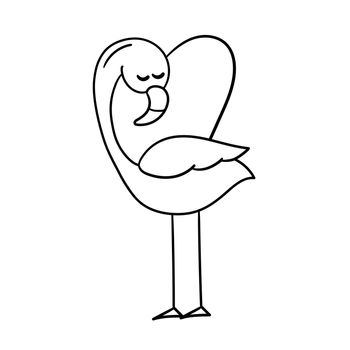Cute flamingo with heart shape, vector illustration on white. Outline, for coloring page