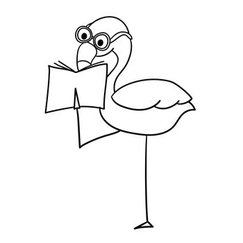 Pink flamingo, zoo character wearing glasses and reading a book. Cartoon vector illustration on white for coloring page