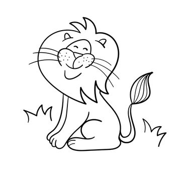 Illustration of a happy lion. Children graphic with line art design. Hand drawing sketch vector illustration. Coloring book