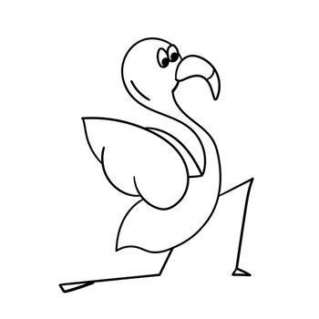 Cute cartoon flamingo in yoga pose. Character bird vector illustration. Isolated on white. Outline, for coloring page