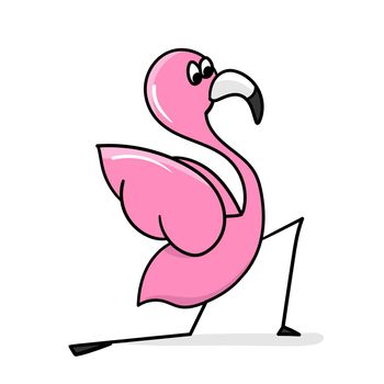 Flamingo yoga. Cartoon flamingo isolated on white background. Vector. Cute bird in yoga pose. Sport and healthy lifestyle concept