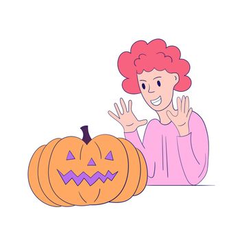 The girl rejoices at the pumpkin. Image in modern style with modern colors. Halloween flat vector illustration isolated on white background