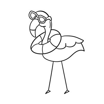 Simple flamingo, outline vector. Cartoon flamingo in sunglasses and a lifebuoy around his neck. Coloring book
