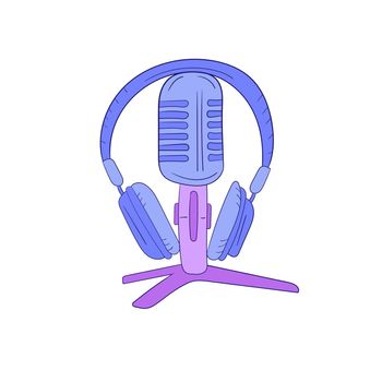 Microphone and headphones, podcast concept, vector illustration on white. Hand drawn icon in modern colors