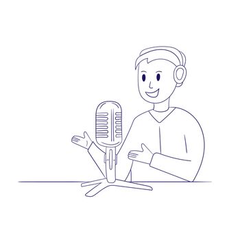 Happy podcaster man character talking with the audience. Professional podcaster on the air. Isolated vector - outline, coloring book