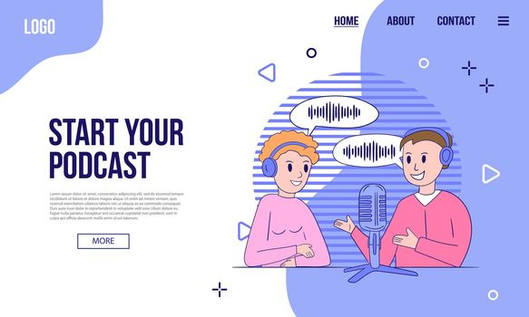 Podcast or audio content web banner or landing page template. Flat vector illustration with two podcast hosts, abstract geometric shapes
