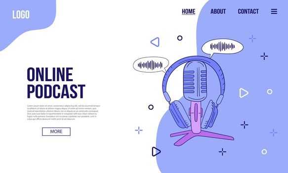 Podcast or audio content web banner or landing page template. Flat vector illustration of microphone with geometric shapes, icons on blue background