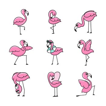 Set of flamingos. Cute pink flamingo bird. Set of stickers for design. Isolated on white background. Bright pictures with a thick outline