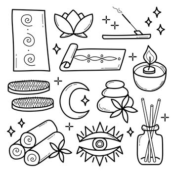 Vector set of spa and yoga icons. Sketch or doodle style on white. Outline, coloring page elements
