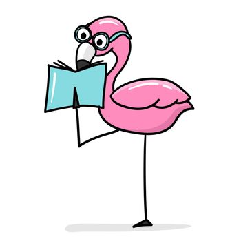 Pink flamingo, zoo character wearing glasses and reading a book. Cartoon vector illustration on white