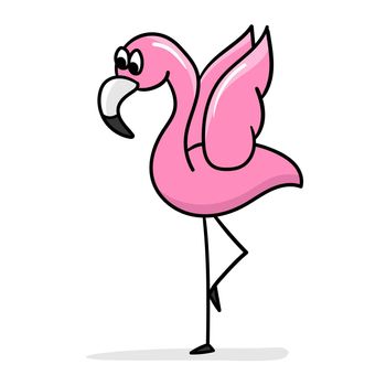 Cartoon flamingo. The cute pink flamingo has raised its wings and stands on one leg. Cartoon sticker, thick outline. Icon for design