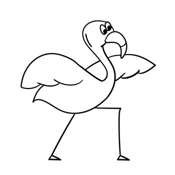 Cute cartoon flamingo in yoga pose. Character bird vector illustration. Isolated on white. Outline, for coloring page