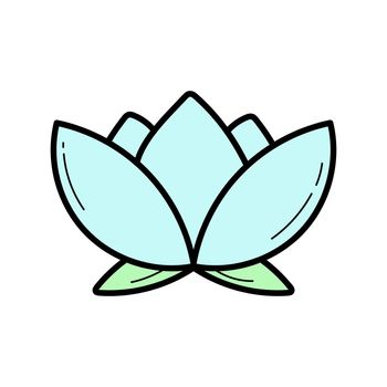 Lotus flower doodle icon, vector illustration on white. Simple drawing in blue color