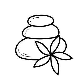 Zen stone with flower - outline doodle icon. Spa concept with zen stones illustration on white