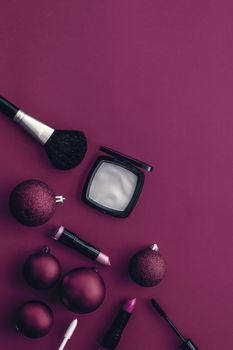 Cosmetic branding, fashion blog cover and girly glamour concept - Make-up and cosmetics product set for beauty brand Christmas sale promotion, luxury magenta flatlay background as holiday design