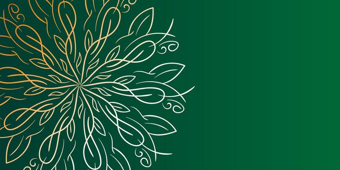 Simple banner design with golden mandala on green background. Place for text