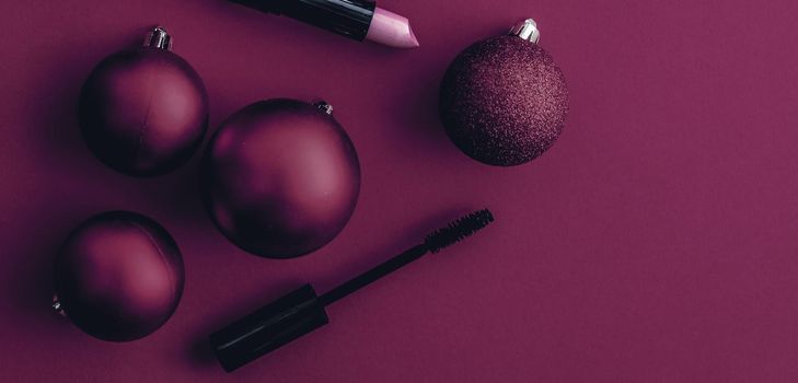 Cosmetic branding, fashion blog cover and girly glamour concept - Make-up and cosmetics product set for beauty brand Christmas sale promotion, luxury magenta flatlay background as holiday design