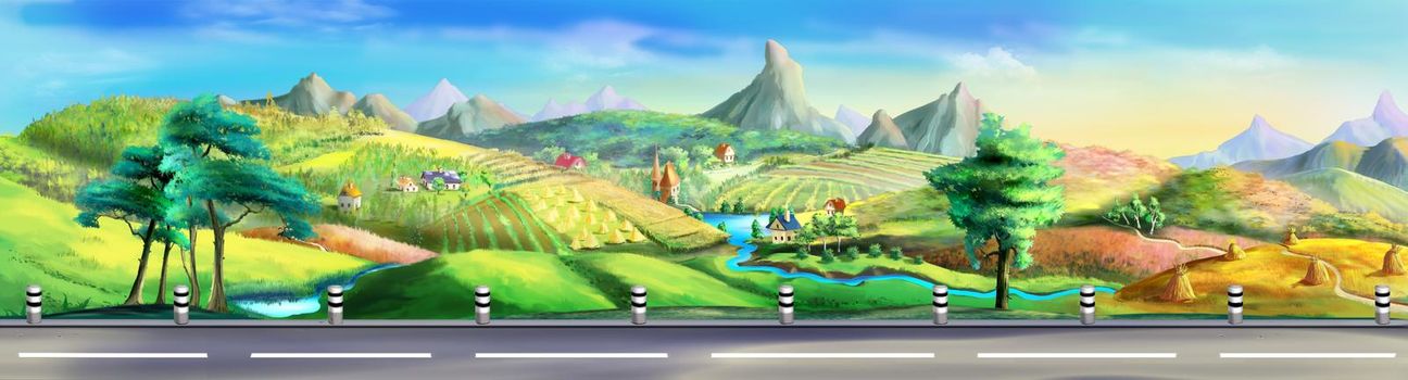 Suburban highway through the mountains on a sunny summer day. Digital Painting Background, Illustration.