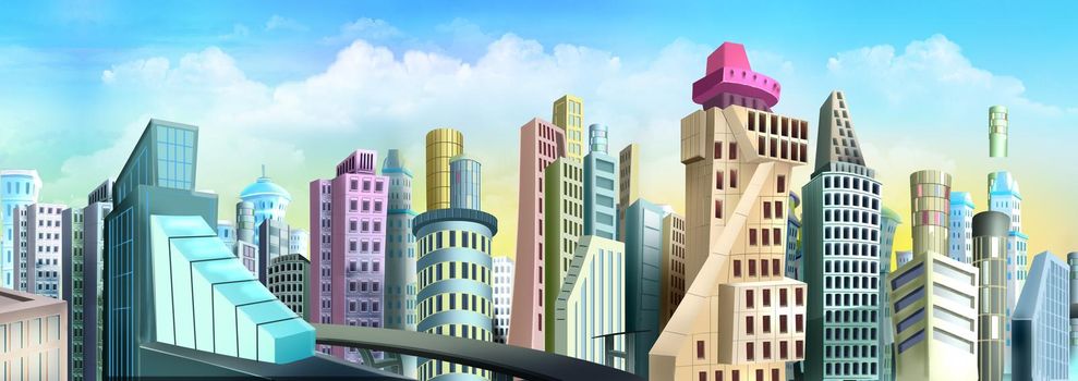 Skyscrapers buildings in downtown. Digital Painting Background, Illustration.
