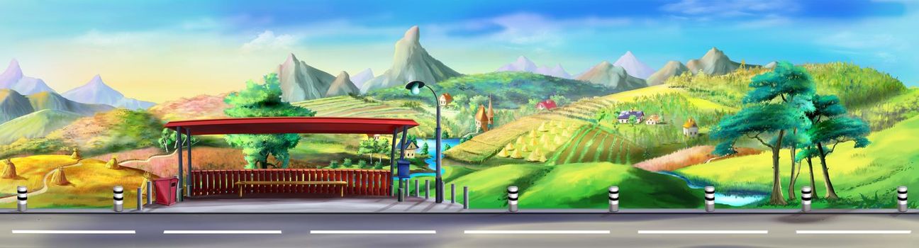 Bus stop on a Suburban highway on a sunny summer day. Digital Painting Background, Illustration.