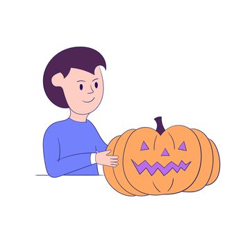 Boy with Halloween pumpkin. Modern style vector on white background. Thin line art with modern colors. Design for banner, invitation, flyer