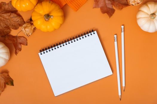 Blank notebook for text next to pumpkins and autumn leaves. Autumn theme mockup.