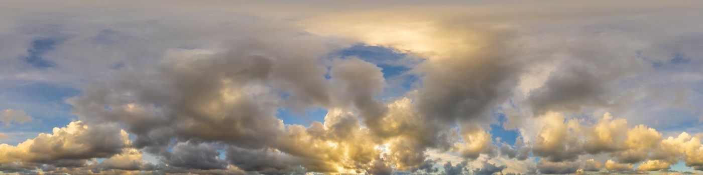 Dark blue twilight sky panorama with Cumulus clouds. Seamless hdr 360 panorama in spherical equiangular format. Full zenith or sky dome for 3D visualization, sky replacement for aerial drone panoramas