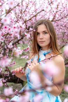 Young beautiful woman in blue dress and long hair is enjoying with blossoming peach trees.