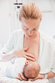 New mother carefully breastfeeds her newborn baby boy in hospital a day after labour