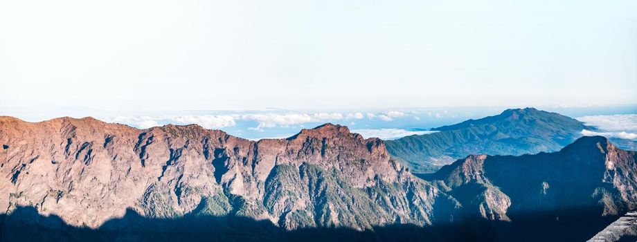 Wide panorama of Taburiente boiler under clear sky for text