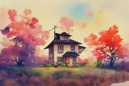 Watercolor cute House. High quality 3d illustration