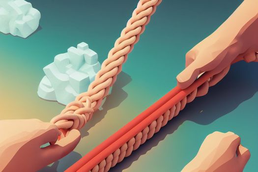 Tug of war, hands pulling rope to opposite sides, business tug of war isometric 3d concept for banner, website, illustration, flyer, etc., concept of business competition, conflict. High quality 3d illustration