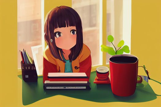 Kawaii casual funny smiling girl use computer for study near window. Teen room with red-yellow walls green table chair, plant, books, coffee cup, bear toy, smartphone, cookies. High quality illustration
