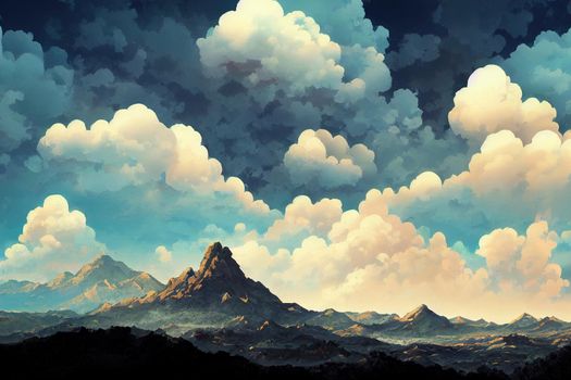 landscape with clouds over the mountains. High quality 3d illustration